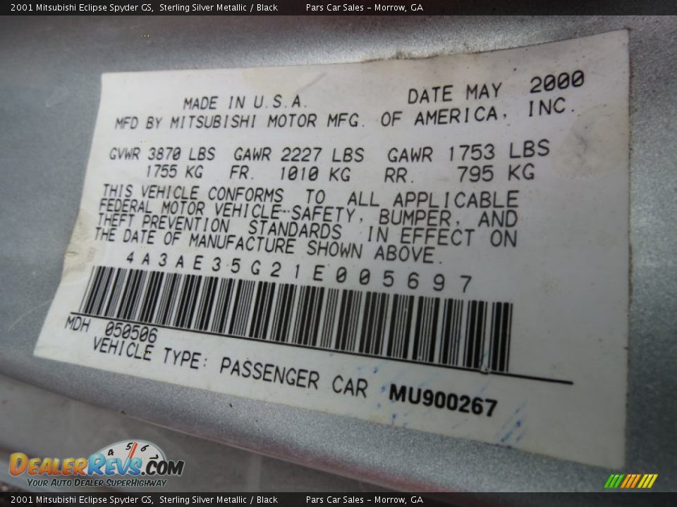 Info Tag of 2001 Mitsubishi Eclipse Spyder GS Photo #10
