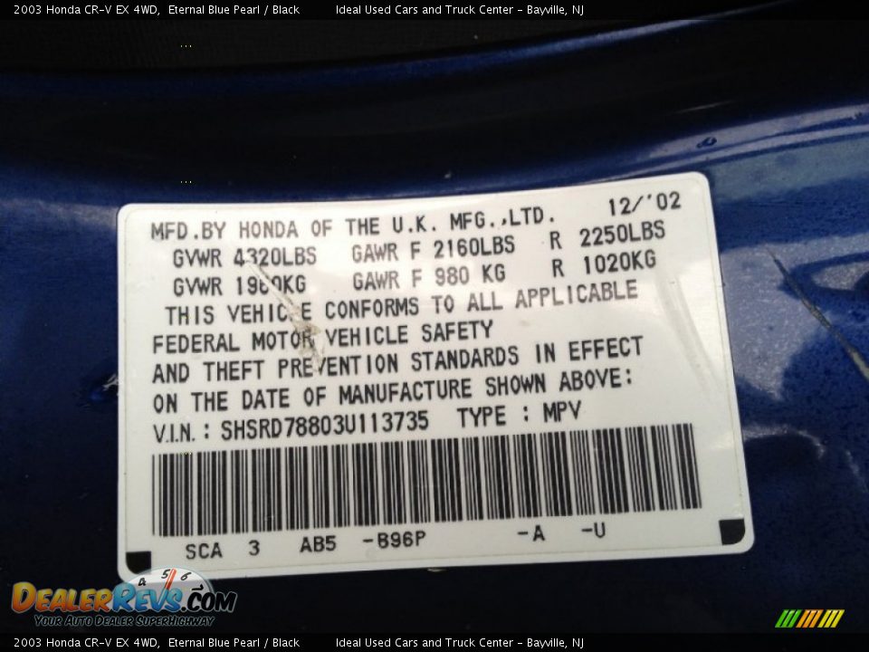 2003 Honda CR-V EX 4WD Eternal Blue Pearl / Black Photo #24