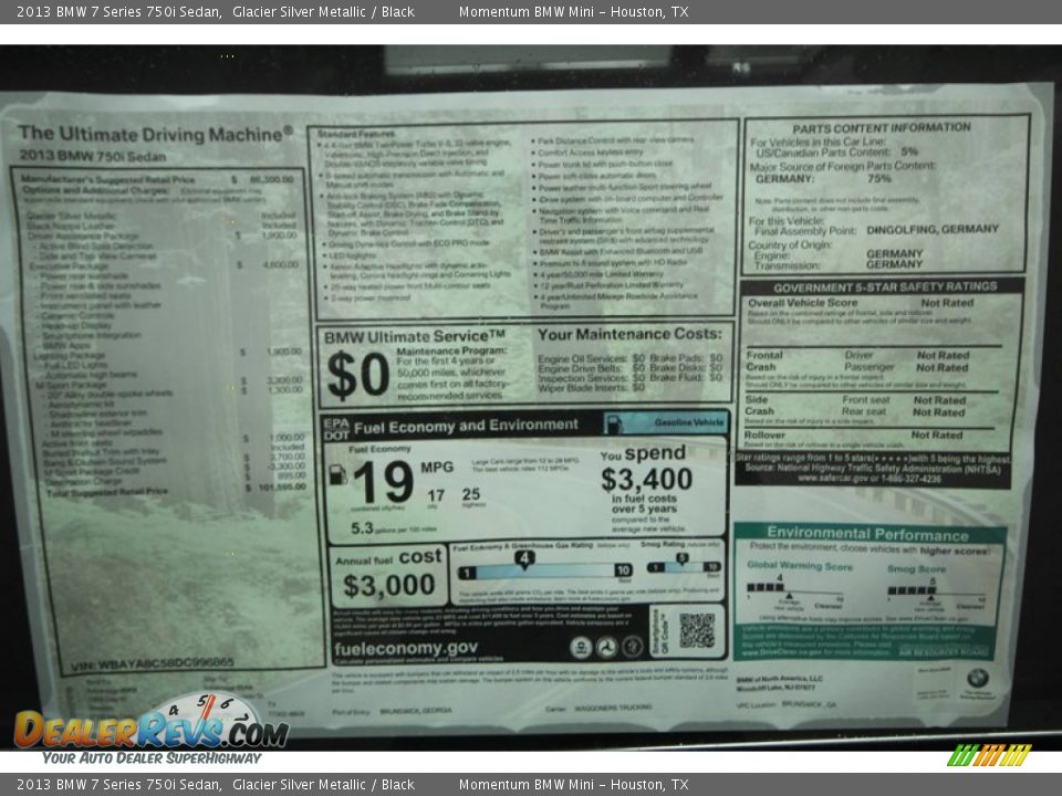 2013 BMW 7 Series 750i Sedan Window Sticker Photo #31