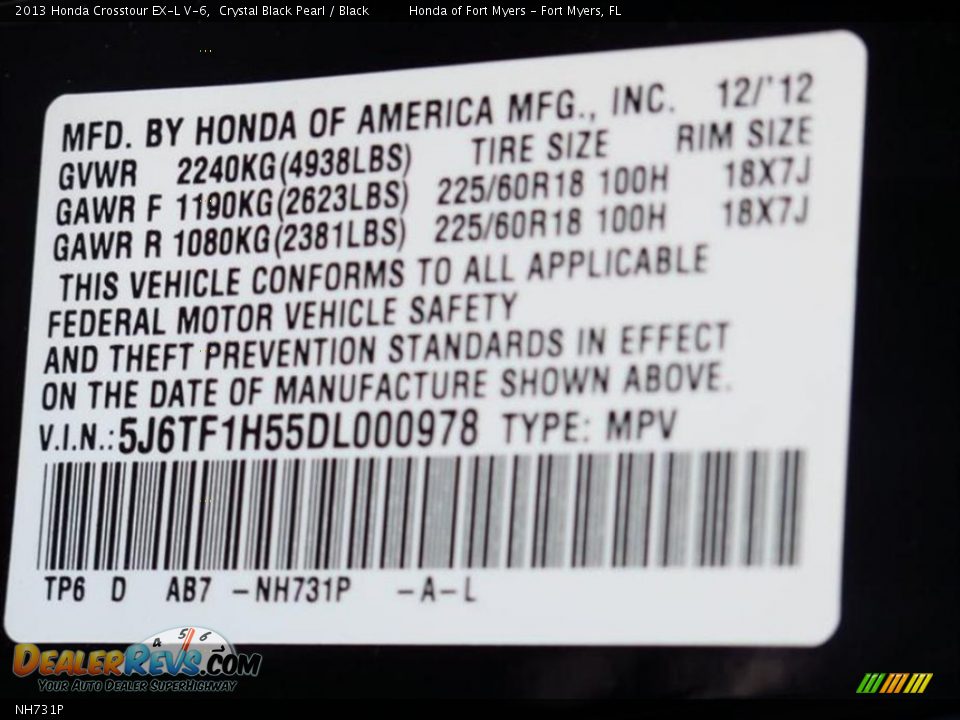 Honda Color Code NH731P Crystal Black Pearl