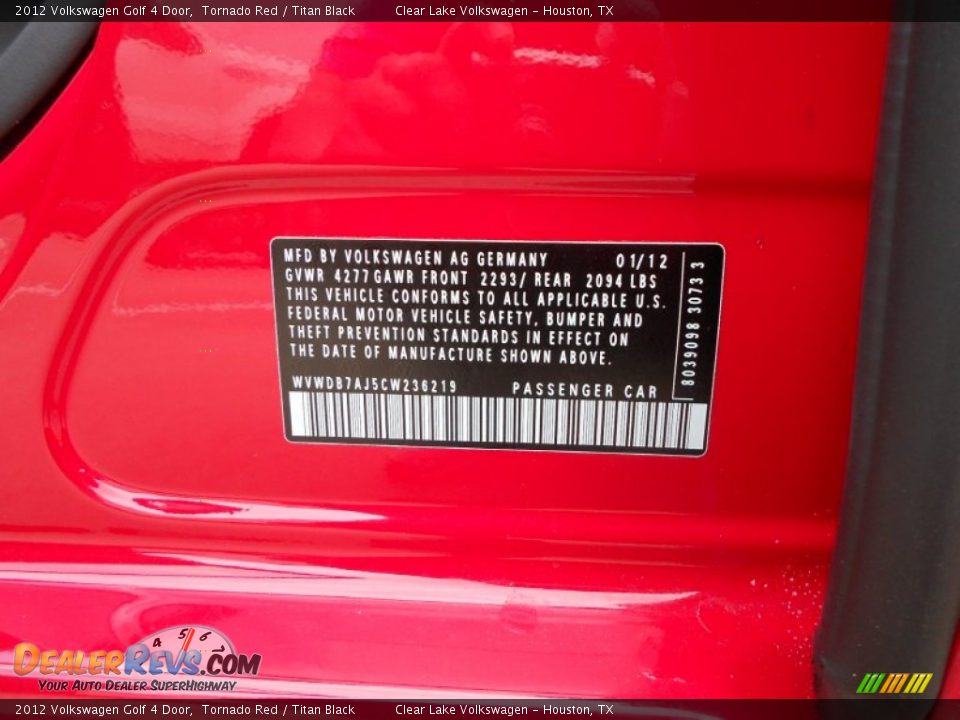 2012 Volkswagen Golf 4 Door Tornado Red / Titan Black Photo #22
