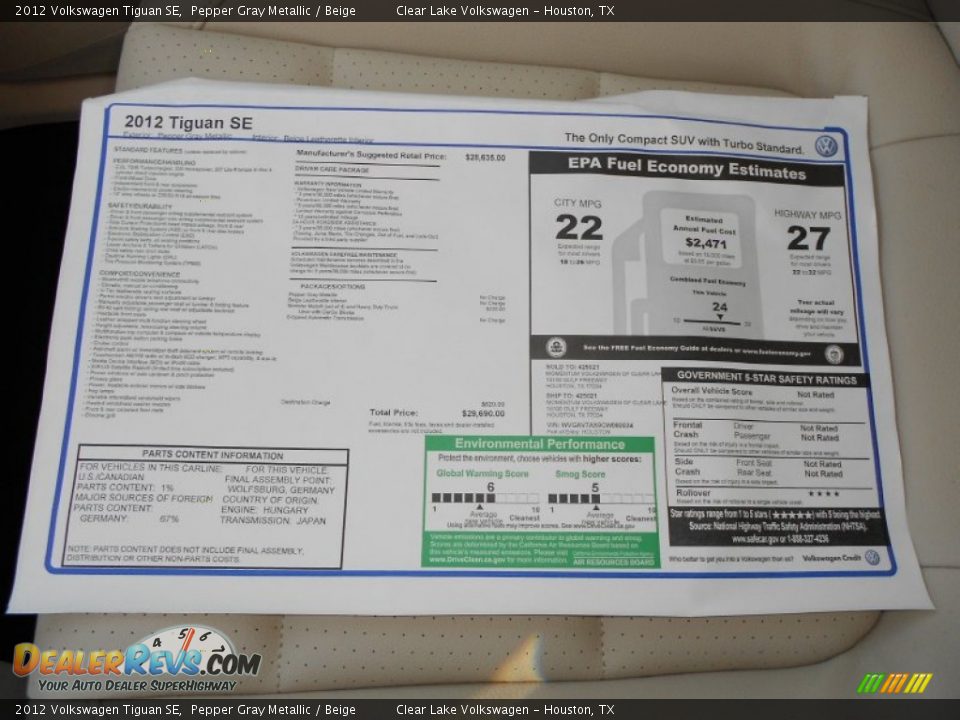 2012 Volkswagen Tiguan SE Pepper Gray Metallic / Beige Photo #22