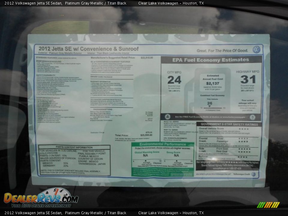 2012 Volkswagen Jetta SE Sedan Platinum Gray Metallic / Titan Black Photo #22