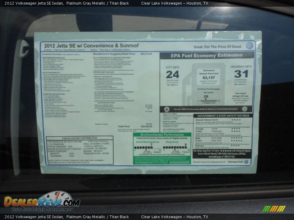 2012 Volkswagen Jetta SE Sedan Platinum Gray Metallic / Titan Black Photo #22