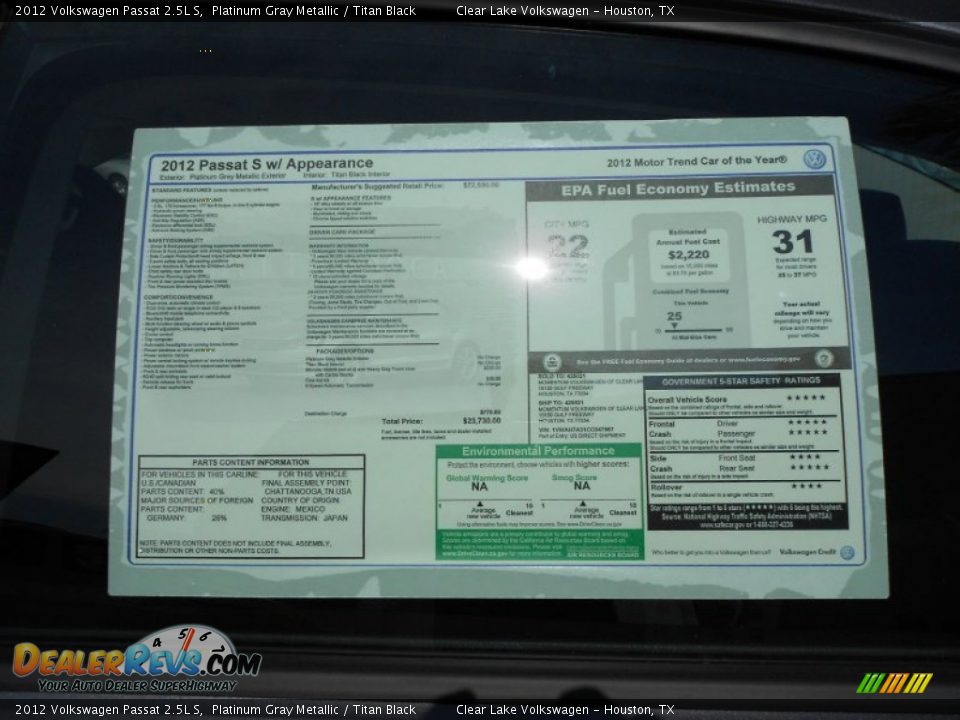 2012 Volkswagen Passat 2.5L S Platinum Gray Metallic / Titan Black Photo #21