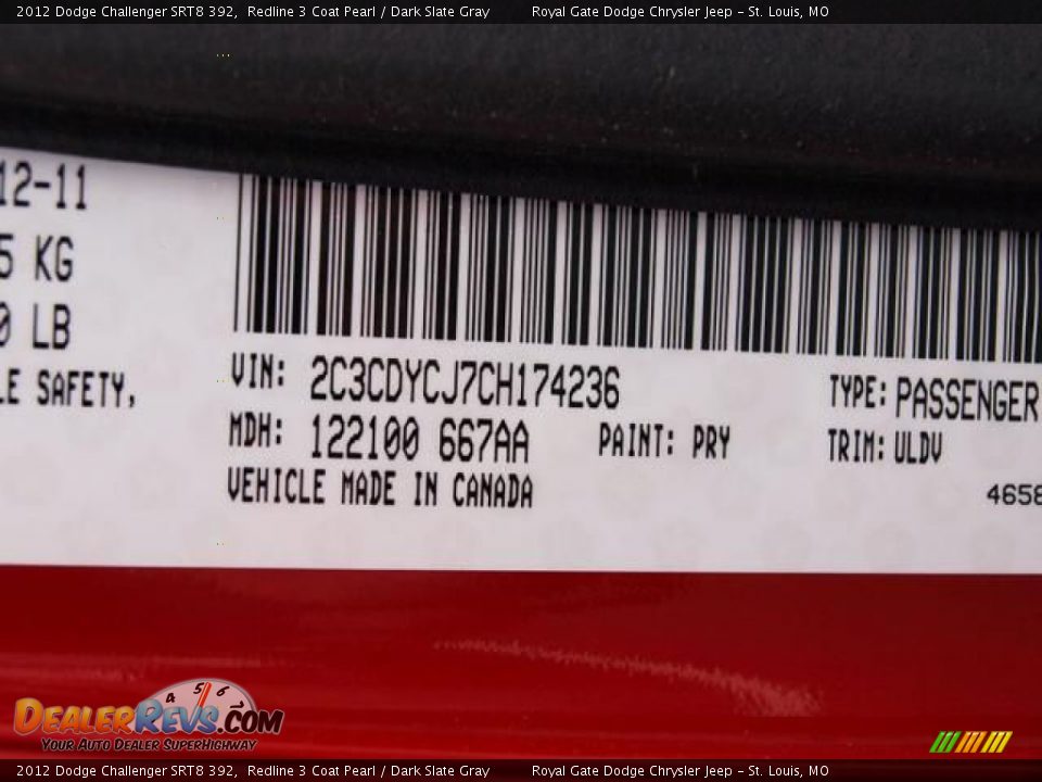 2012 Dodge Challenger SRT8 392 Redline 3 Coat Pearl / Dark Slate Gray Photo #14
