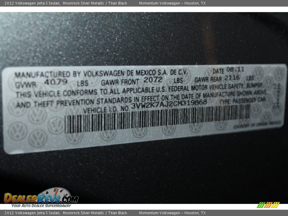 2012 Volkswagen Jetta S Sedan Moonrock Silver Metallic / Titan Black Photo #30