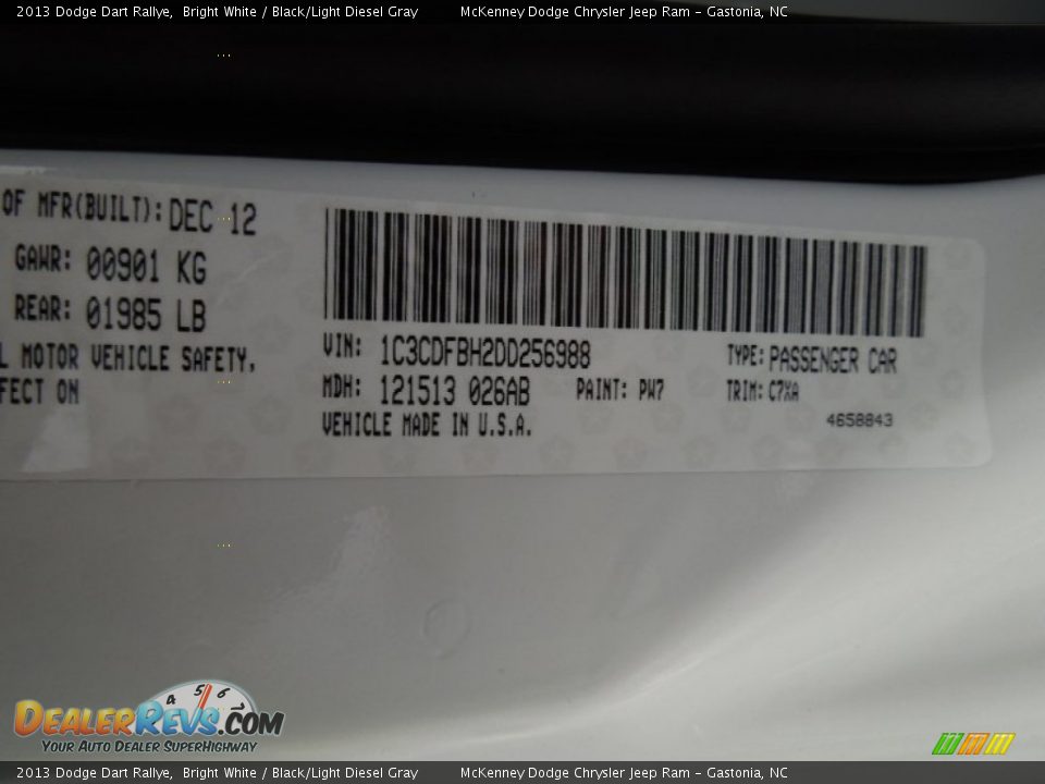 2013 Dodge Dart Rallye Bright White / Black/Light Diesel Gray Photo #7