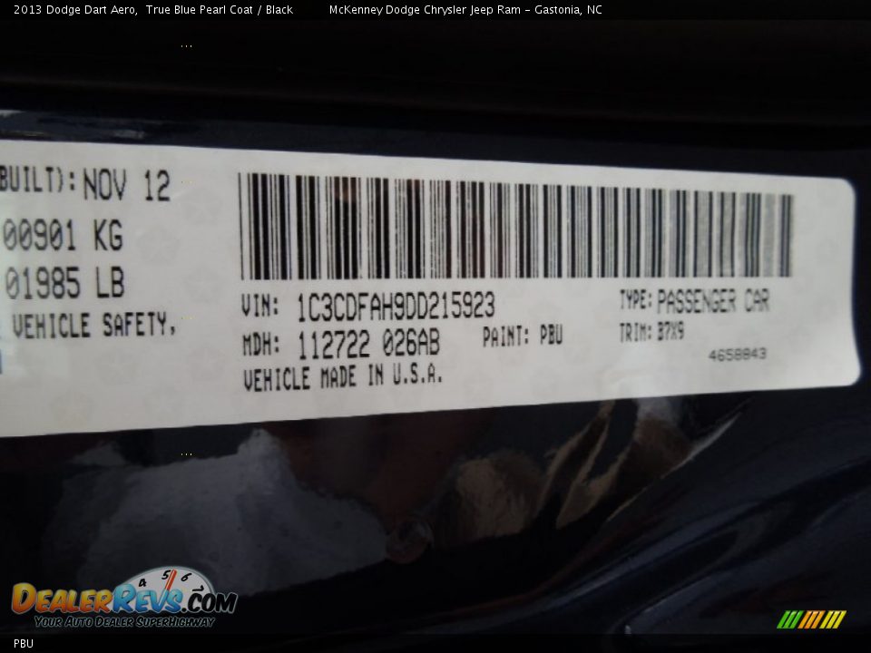 Dodge Color Code PBU True Blue Pearl Coat