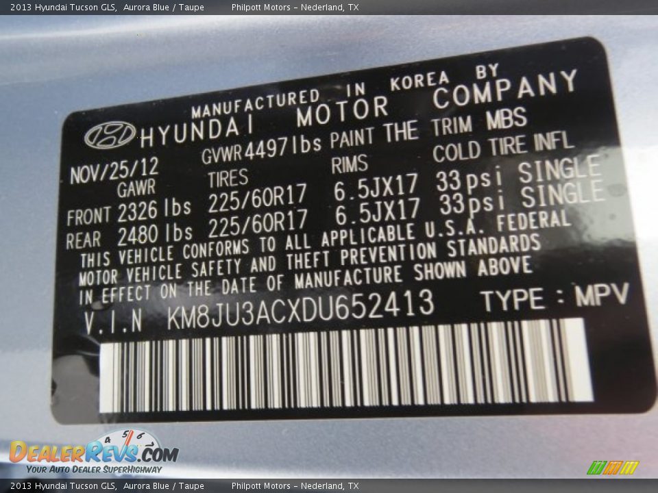 2013 Hyundai Tucson GLS Aurora Blue / Taupe Photo #33