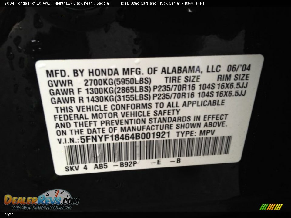 Honda Color Code B92P Nighthawk Black Pearl