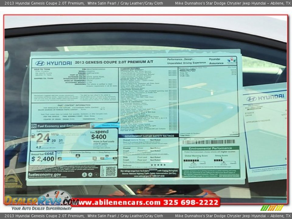 2013 Hyundai Genesis Coupe 2.0T Premium White Satin Pearl / Gray Leather/Gray Cloth Photo #9