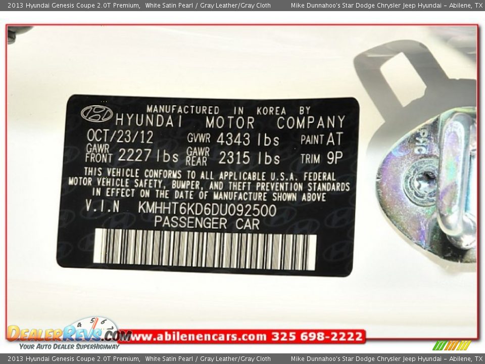 2013 Hyundai Genesis Coupe 2.0T Premium White Satin Pearl / Gray Leather/Gray Cloth Photo #12