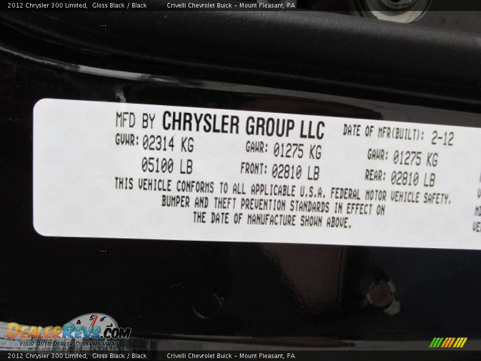 2012 Chrysler 300 Limited Gloss Black / Black Photo #33