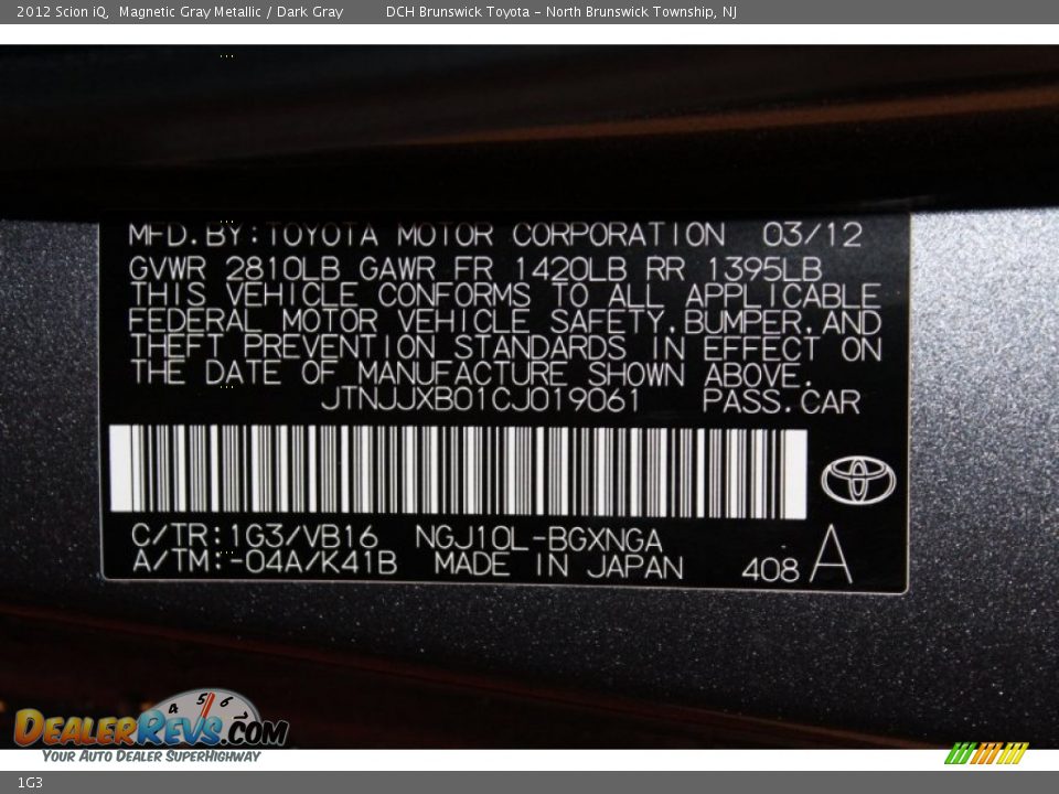 Scion Color Code 1G3 Magnetic Gray Metallic