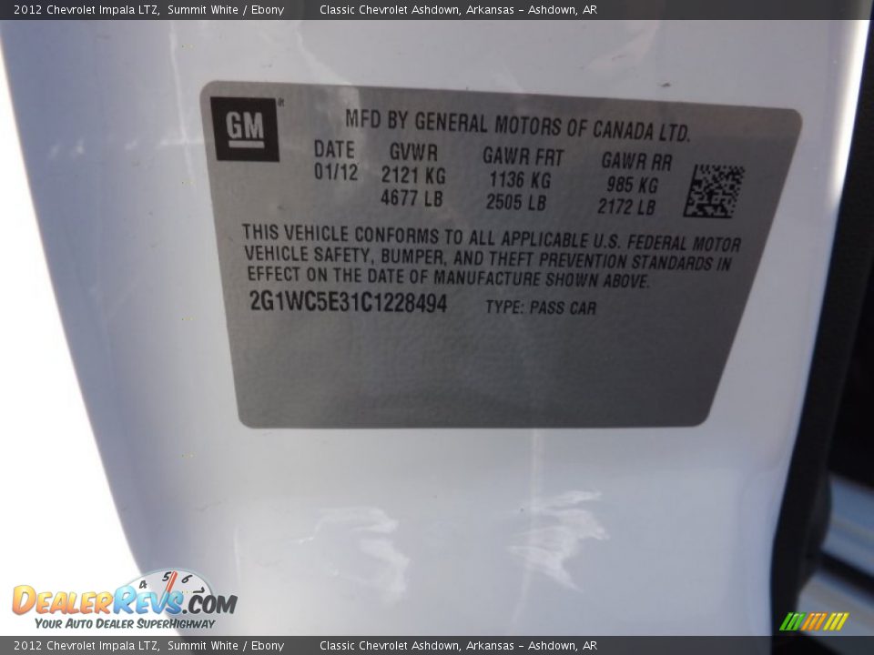 2012 Chevrolet Impala LTZ Summit White / Ebony Photo #35