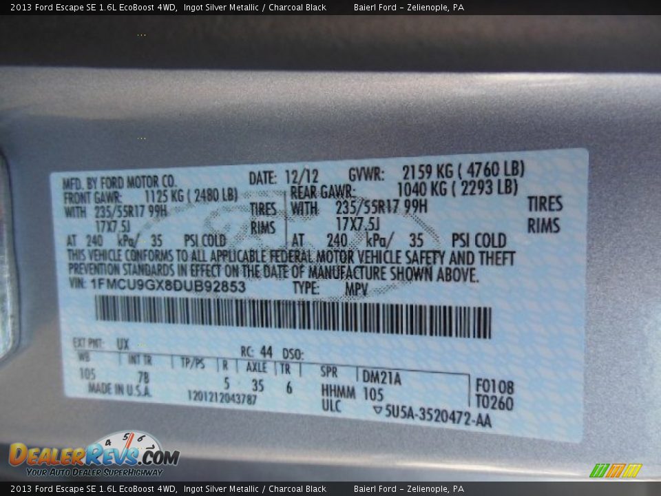 2013 Ford Escape SE 1.6L EcoBoost 4WD Ingot Silver Metallic / Charcoal Black Photo #20