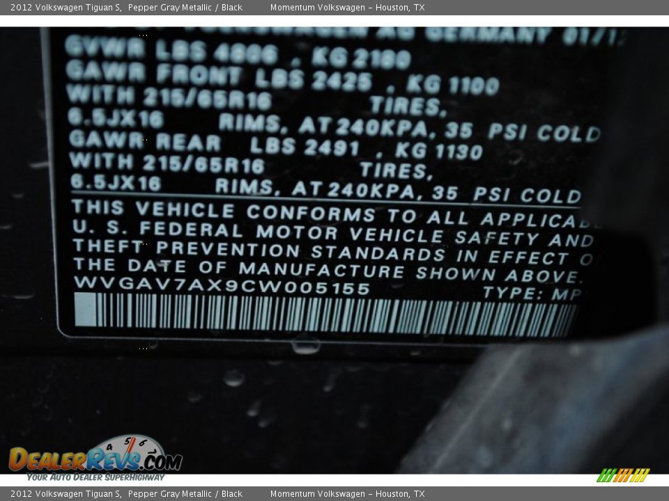 2012 Volkswagen Tiguan S Pepper Gray Metallic / Black Photo #25