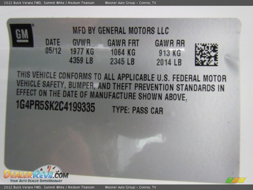 2012 Buick Verano FWD Summit White / Medium Titanium Photo #5