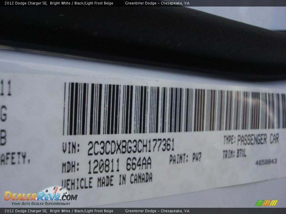 2012 Dodge Charger SE Bright White / Black/Light Frost Beige Photo #18