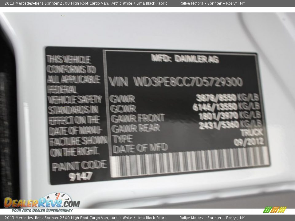 2013 Mercedes-Benz Sprinter 2500 High Roof Cargo Van Arctic White / Lima Black Fabric Photo #16