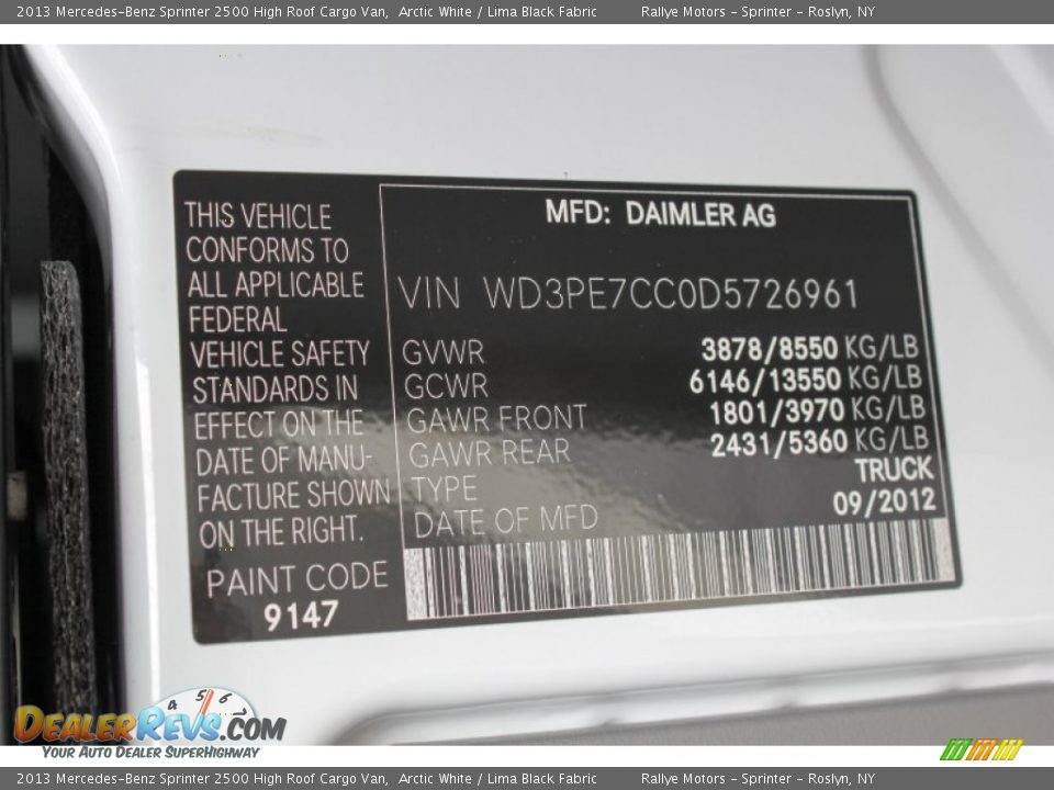 2013 Mercedes-Benz Sprinter 2500 High Roof Cargo Van Arctic White / Lima Black Fabric Photo #17