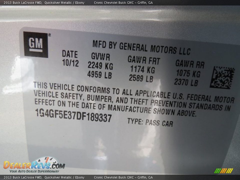 2013 Buick LaCrosse FWD Quicksilver Metallic / Ebony Photo #18