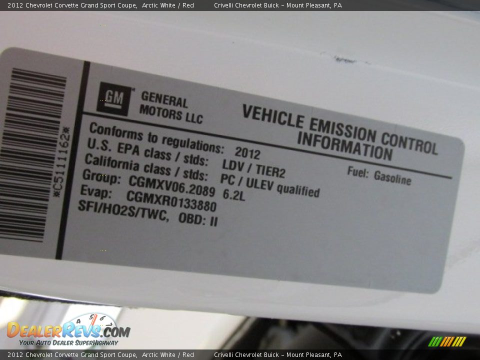 Info Tag of 2012 Chevrolet Corvette Grand Sport Coupe Photo #13