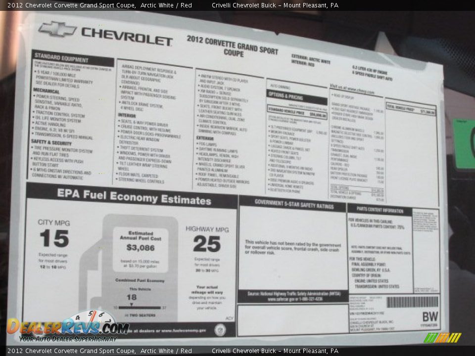 2012 Chevrolet Corvette Grand Sport Coupe Window Sticker Photo #33