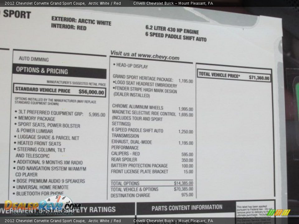 2012 Chevrolet Corvette Grand Sport Coupe Window Sticker Photo #35