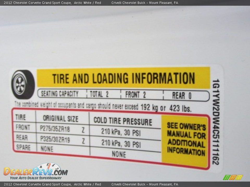 Info Tag of 2012 Chevrolet Corvette Grand Sport Coupe Photo #36