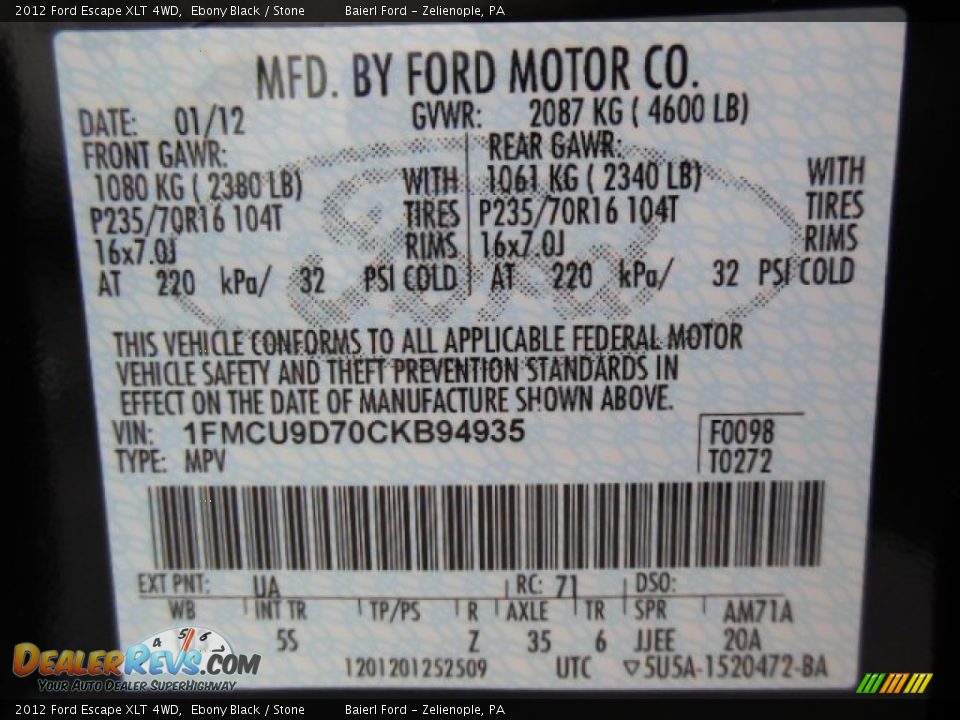 2012 Ford Escape XLT 4WD Ebony Black / Stone Photo #20