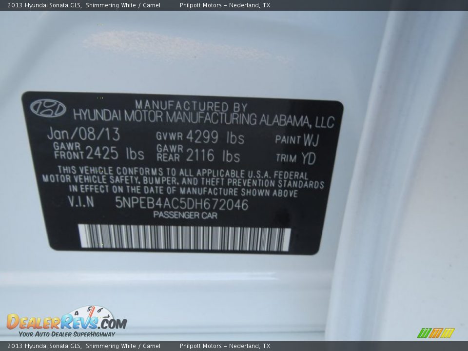 2013 Hyundai Sonata GLS Shimmering White / Camel Photo #32
