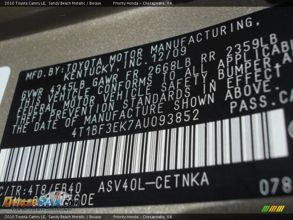 2010 Toyota Camry LE Sandy Beach Metallic / Bisque Photo #22