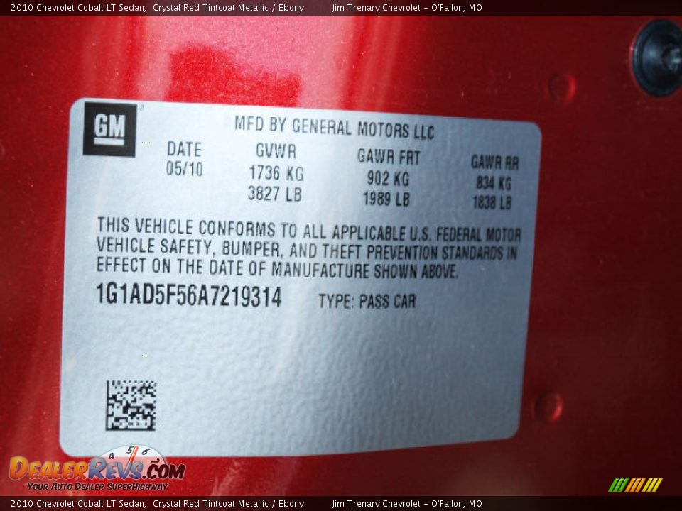 2010 Chevrolet Cobalt LT Sedan Crystal Red Tintcoat Metallic / Ebony Photo #17