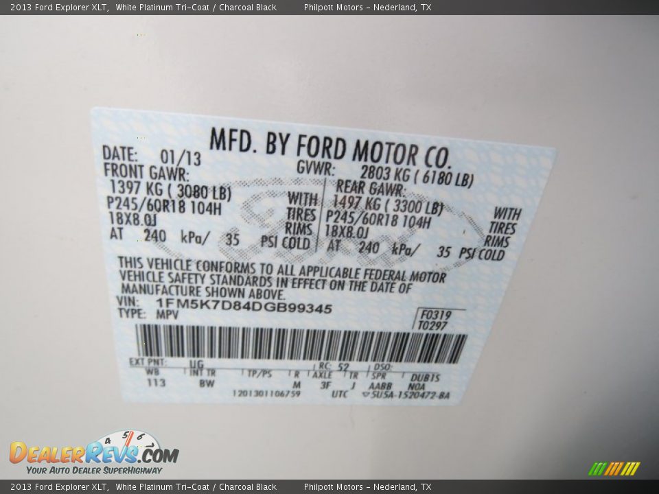 2013 Ford Explorer XLT White Platinum Tri-Coat / Charcoal Black Photo #34