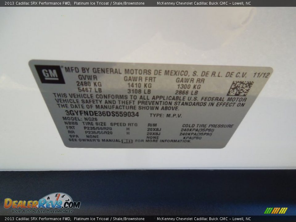 2013 Cadillac SRX Performance FWD Platinum Ice Tricoat / Shale/Brownstone Photo #7