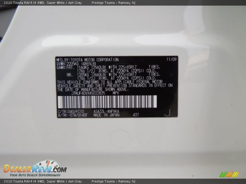 2010 Toyota RAV4 I4 4WD Super White / Ash Gray Photo #15