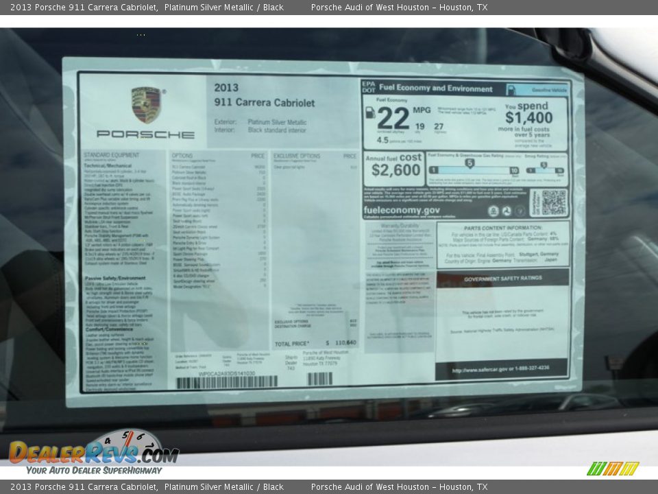 2013 Porsche 911 Carrera Cabriolet Window Sticker Photo #26