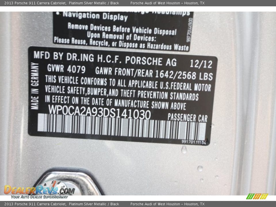 2013 Porsche 911 Carrera Cabriolet Platinum Silver Metallic / Black Photo #27
