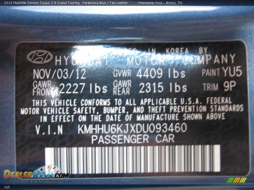 Hyundai Color Code YU5 Parabolica Blue