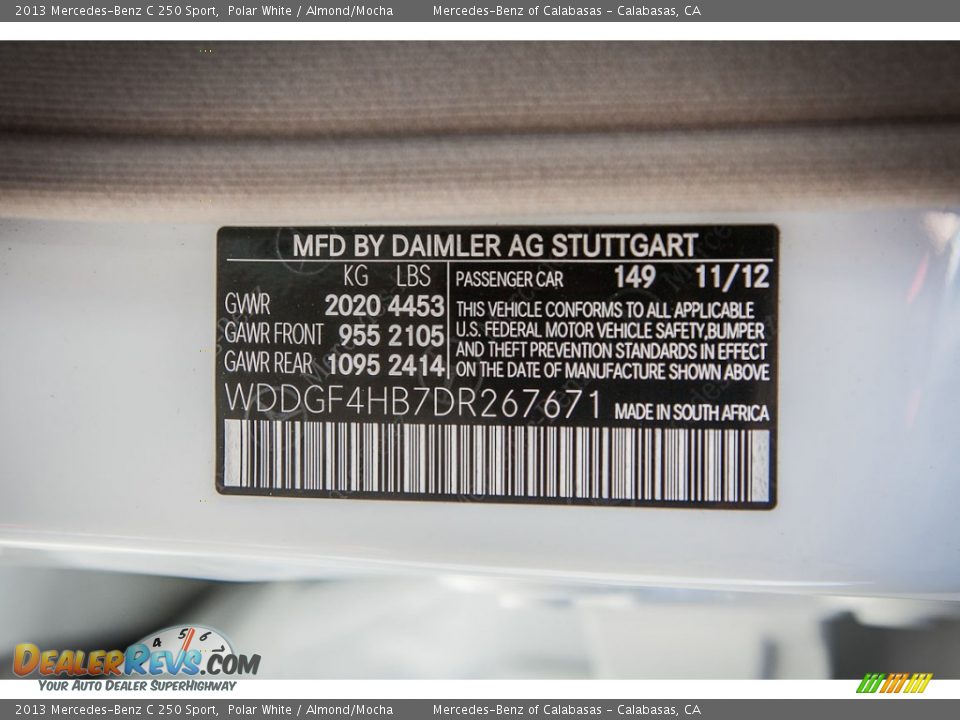 2013 Mercedes-Benz C 250 Sport Polar White / Almond/Mocha Photo #7