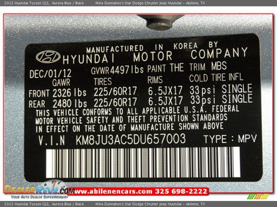 2013 Hyundai Tucson GLS Aurora Blue / Black Photo #11