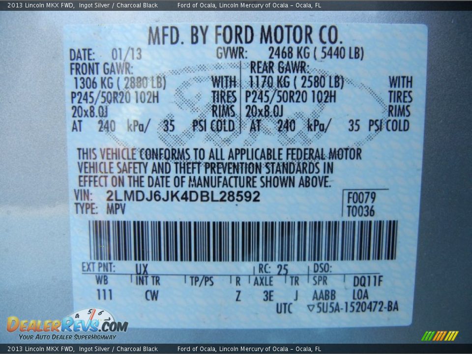 2013 Lincoln MKX FWD Ingot Silver / Charcoal Black Photo #13