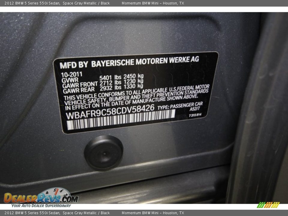 2012 BMW 5 Series 550i Sedan Space Gray Metallic / Black Photo #5
