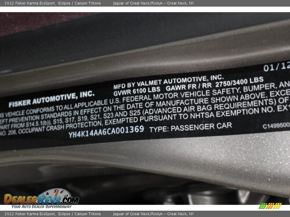 Info Tag of 2012 Fisker Karma EcoSport Photo #30