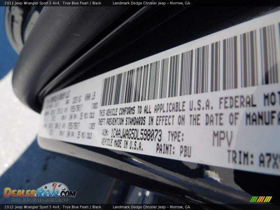 2013 Jeep Wrangler Sport S 4x4 True Blue Pearl / Black Photo #11