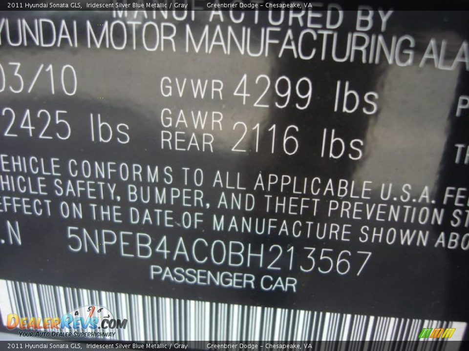 2011 Hyundai Sonata GLS Iridescent Silver Blue Metallic / Gray Photo #24