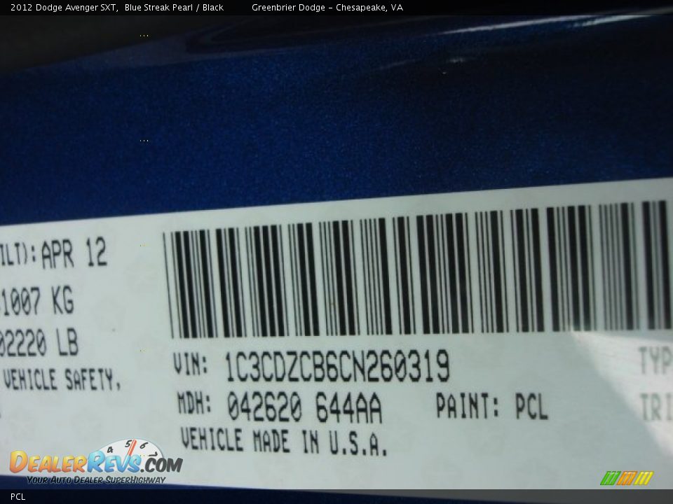 Dodge Color Code PCL Blue Streak Pearl