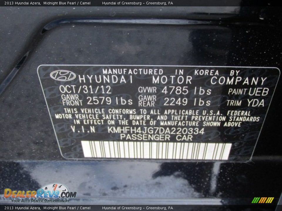 2013 Hyundai Azera Midnight Blue Pearl / Camel Photo #20